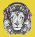 Portrait of Lion with headphones.