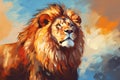 Portrait of a lion, oil painting. Free wild lion in natural habitat. In style of impressionism. With copy space