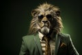 Lion with sunglasses wearing suit and tie on solid green background. Generative AI