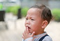 Portrait little Asian baby boy was crying with tearful on her face Royalty Free Stock Photo