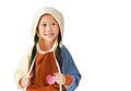 Portrait of little Asian child girl in hood on head warm clothes with pull the rope isolated on white background with copy space Royalty Free Stock Photo