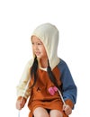 Portrait of little Asian child girl in hood on head warm clothes with pull the rope isolated on white background Royalty Free Stock Photo