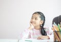 Portrait little Asian girl sitting on the chin and smile with happiness metaphor thinking someting day dreamer concept with copy Royalty Free Stock Photo