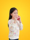 Portrait of little asian kid girl eating red apple on yellow background with clipping path Royalty Free Stock Photo