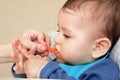 Portrait of little baby boy eating food. Baby with a spoon in feeding chair. Cute baby eating first meal