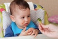 Portrait of little baby boy eating food. Baby with a spoon in feeding chair. Cute baby eating first meal