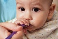 Portrait of little baby boy eating food. Baby with a spoon in feeding chair. Cute baby eating first meal