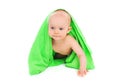 Portrait of little baby under towel crawls on white Royalty Free Stock Photo