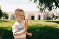 Portrait of a little boy. A baby eats a delicious ice cream cone. Happy child Royalty Free Stock Photo