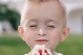 Portrait of a little boy. A baby eats a delicious ice cream cone. Happy child Royalty Free Stock Photo