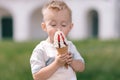 Portrait of a little boy. A baby eats a delicious ice cream cone. Happy child Royalty Free Stock Photo