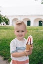 Portrait of a little boy. A baby eats a delicious ice cream cone. Happy child Royalty Free Stock Photo