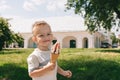 Portrait of a little boy. A baby eats a delicious ice cream cone. Happy child Royalty Free Stock Photo