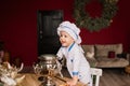 Portrait of a little boy cook at kitchen. Different occupations. Isolated over white background Royalty Free Stock Photo