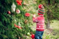 Portrait of a little boy in elf hat and red sweater near the christmas tree and holding decoration Royalty Free Stock Photo