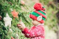 Portrait of a little boy in elf hat and red sweater near the christmas tree and holding decoration Royalty Free Stock Photo