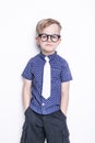 Portrait of a little boy in a funny glasses and tie. School. Preschool. Fashion. Studio portrait isolated over white background Royalty Free Stock Photo