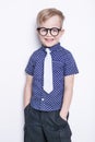 Portrait of a little boy in a funny glasses and tie. School. Preschool. Fashion. Studio portrait isolated over white background Royalty Free Stock Photo