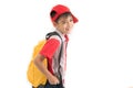 Portrait of little boy going to school with schoolbag on white