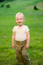 Portrait of little boy on green grass field Royalty Free Stock Photo