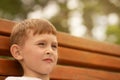 Portrait of a boy sitting on a bench in the park Royalty Free Stock Photo