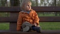 Portrait of little boy sitting on bench in park. Cute kid spending time outside. Royalty Free Stock Photo