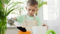 Portrait of little boy spreading soil in colorful pots for planting flowers. Concept of gardening, hobby, home planting. Royalty Free Stock Photo