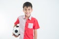 Portrait of little boy take a foot ball in the hand on white