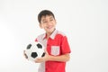 Portrait of little boy take a foot ball in the hand on white