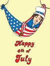 Portrait of little boy in Uncle Sam costume resting in hammock of the American flag, Happy 4th of July, card design