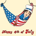 Portrait of little boy in Uncle Sam costume resting in hammock of the American flag, Happy 4th of July, card design