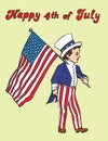 Portrait of little boy in Uncle Sam costume walking with American flag, Happy 4th of July, card design Royalty Free Stock Photo