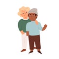 Portrait of little boys. Couple of happy multiracial friends standing and hugging. Colored flat vector illustration of