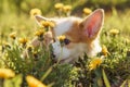 Portrait of little brown white dog welsh pembroke corgi lying on green grass in park, watching hiding behind dandelions. Royalty Free Stock Photo