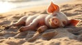 Portrait of a little cheerful pig, lying isolated on white background Royalty Free Stock Photo