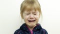 Portrait of little child girl crying with tears on her eyes. White background Royalty Free Stock Photo