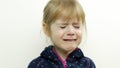 Portrait of little child girl crying with tears on her eyes. White background Royalty Free Stock Photo