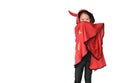 Portrait of little child girl dressed Halloween costume. Kid in Dracula coat isolated over white background with copy space