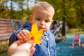 Portrait of a little cute baby boy in blue clothes takes a yellow autumn leaf from his mother hands and looks at it