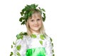 Portrait of little cute girl. Baby in spring forest fairy dress with wraith of leaves. Kid as character of nature. Isolated on whi Royalty Free Stock Photo