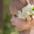 Portrait of a little cute girl with a jasmine flower in her hair Royalty Free Stock Photo