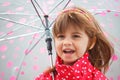 Portrait of little cute girl in red rain coat under the umbrella Royalty Free Stock Photo