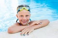 Portrait of little cute girl in the swimming pool. Royalty Free Stock Photo