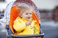 Portrait of little cute toddler girl sitting in stroller or pram and going for a walk. Happy cute baby child having fun Royalty Free Stock Photo