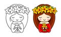 Portrait of little cute woman in a wreath of yellow flowers, holding a bouquet. Cartoon character. Royalty Free Stock Photo