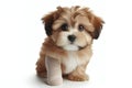 Portrait of a little dog with a white bandage on his leg isolated on solid white background. ai generative