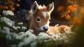 Portrait of a little foal on a background of flowers. Generative AI.