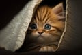 Portrait of a little ginger kitten with blue eyes who explores the world.