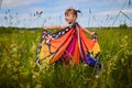 Portrait of little girl with Asian eyes and butterfly wings having fun and joy in meadow or field with grass and flowers Royalty Free Stock Photo