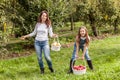 Portrait of little girl and beautiful mother in organic apple orchard happy and having fun Royalty Free Stock Photo